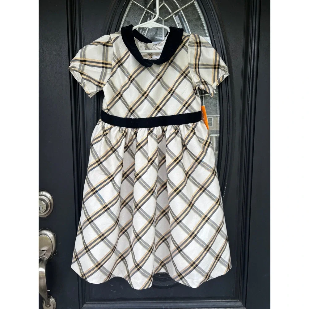 Gymboree Girls Size 7 Winter Wonderland Gold Plaid Velvet Trim Holiday Dress NEW